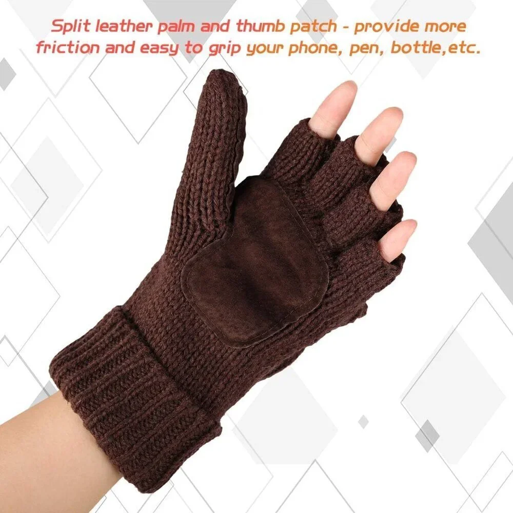 Women's Coffee Winter Warm Thermal Insulation Fingerless Texting Wool Gloves